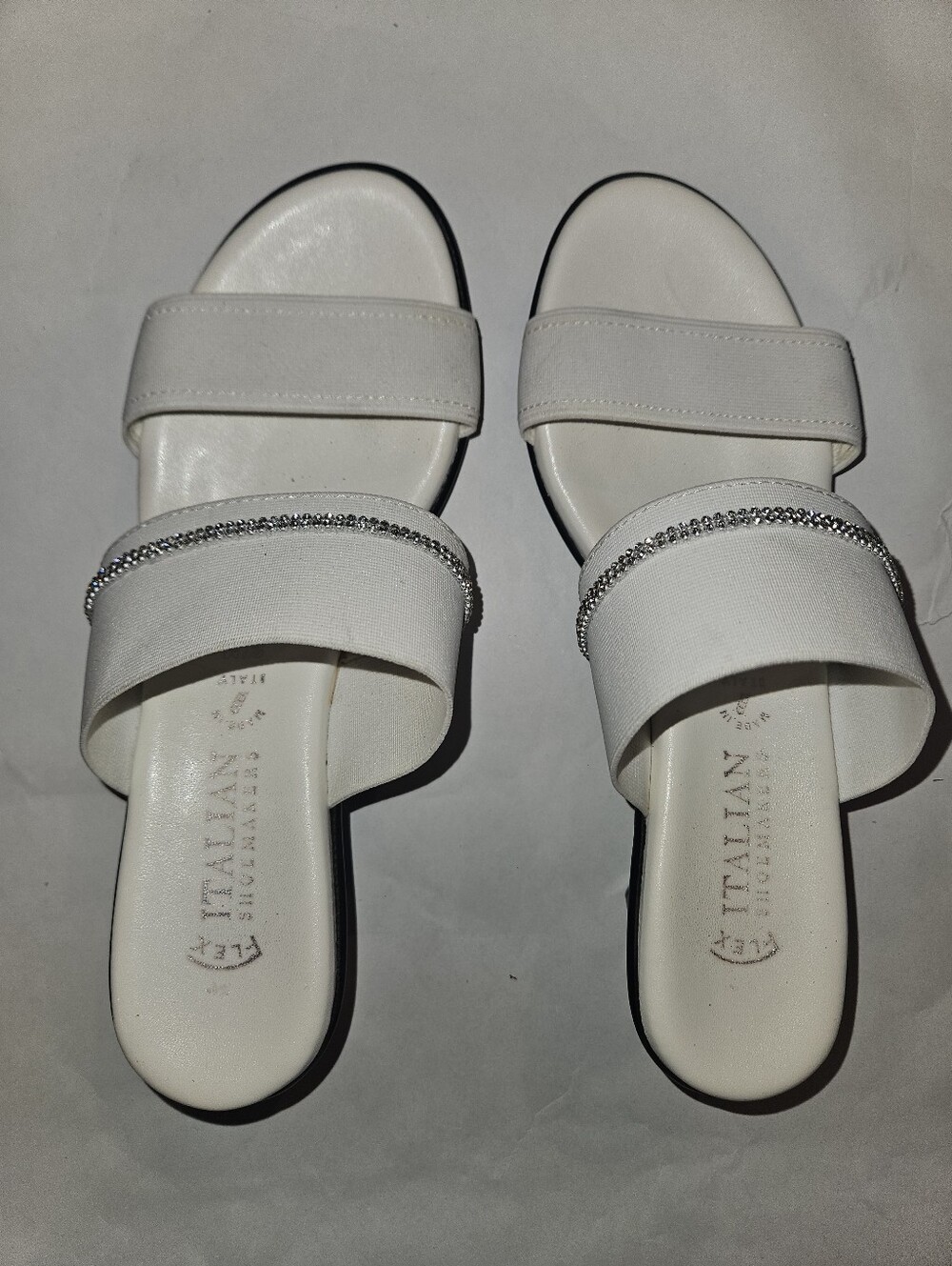 Italian Shoemakers White Slide Sandals with Rhinestone Accent